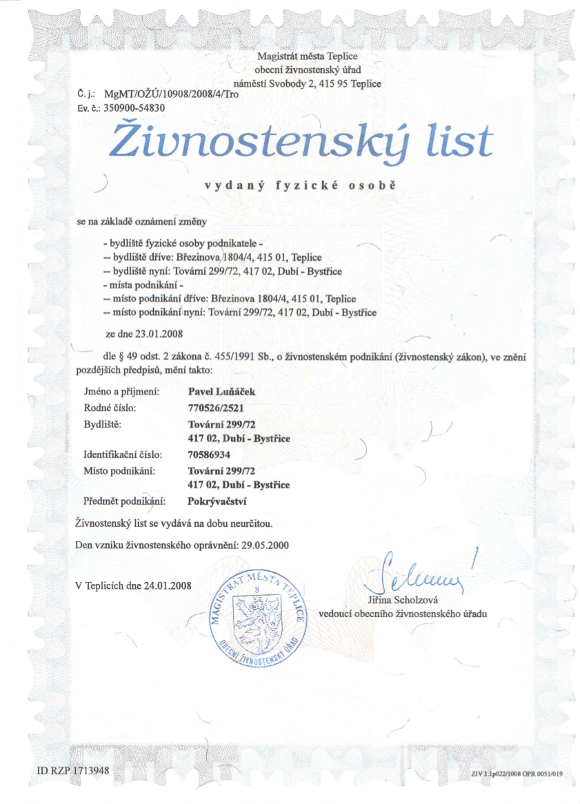 Živnostenský list - pokrývačství